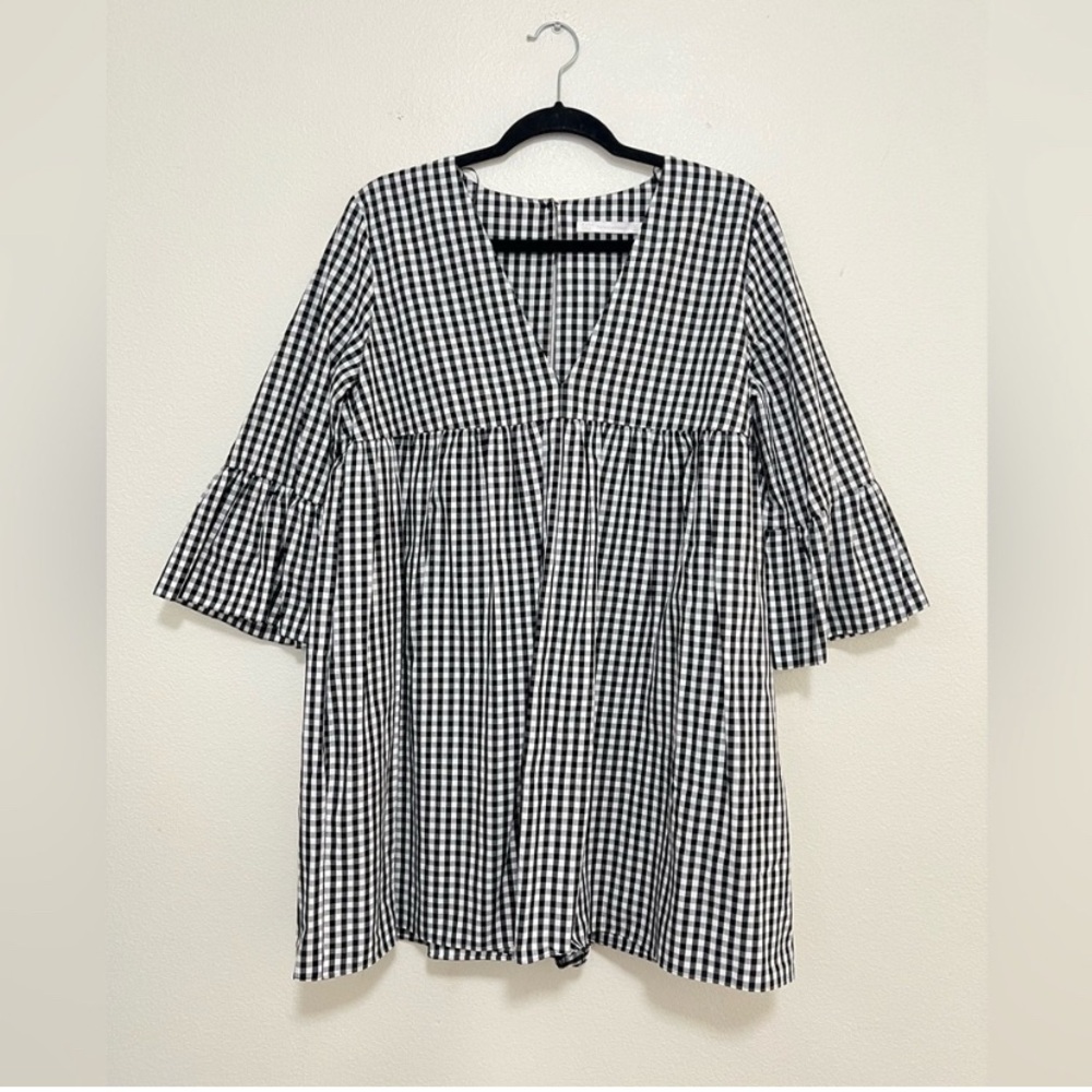 Zara Black and White Gingham Romper with Ruffled Bell Sleeves